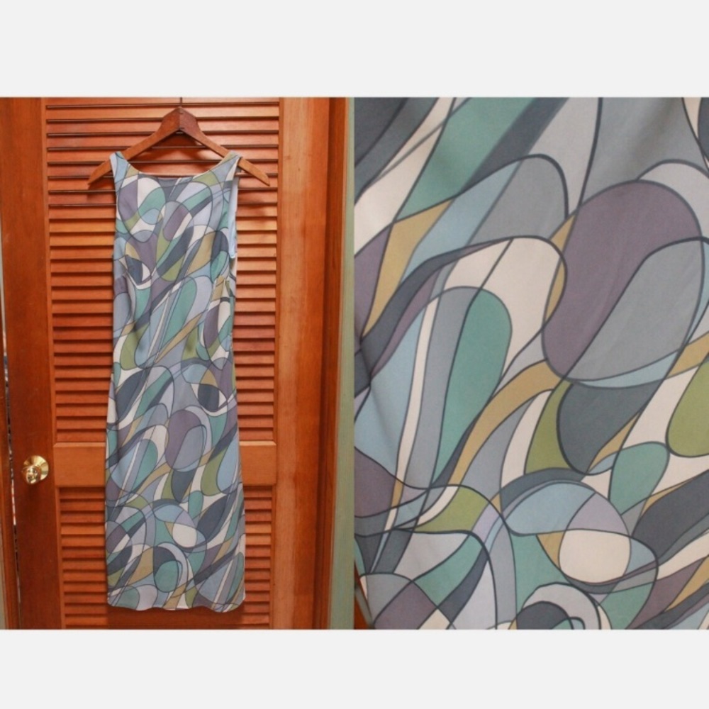 Sleeveless Abstract Print Maxi Dress in Teal, Gray & Soft Green